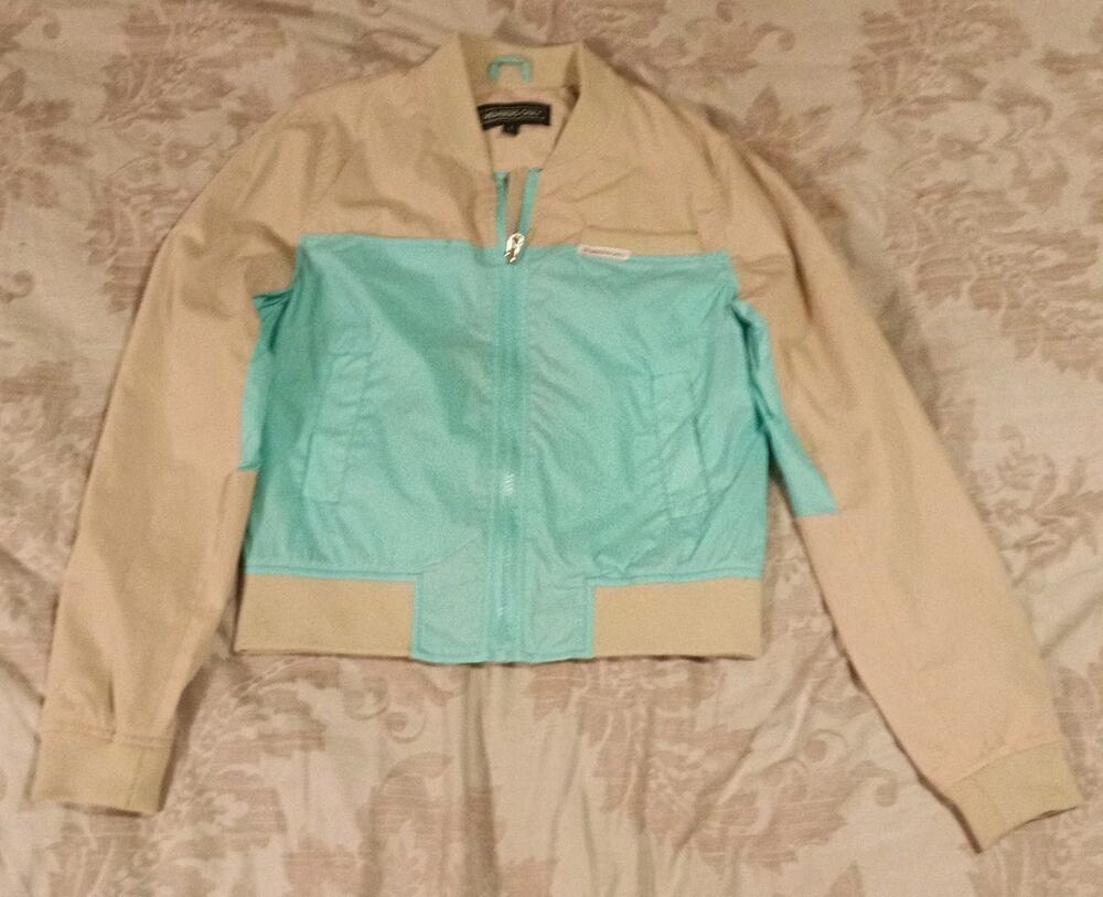 Members Only Jacket Womens Colorblock Bomber Windbreaker Khaki Teal Blue Full...